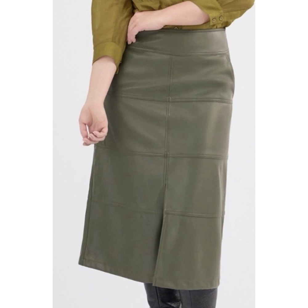 CABI Skirt Maxi Faux Leather Olive Green Pockets Modern‎ SZ-16